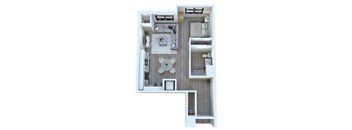 A 3D floor plan of a small apartment with a kitchen, living room, and bathroom.