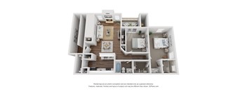 A 3D floor plan of a house with a kitchen, living room, and two bedrooms.
