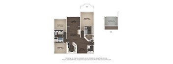 A floor plan of a home with a living room, two bedrooms, a bathroom, a kitchen, and a dining area.