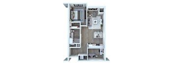 A 3D floor plan of a small apartment with a kitchen, living room, and bathroom.