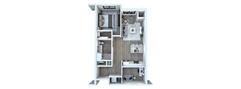 A top-down view of a small, modern apartment with a kitchen, living room, and bedroom.