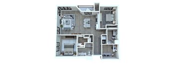 A top-down view of a small apartment with a kitchen, living room, and bedrooms.