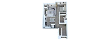 A floor plan of a small apartment with a kitchen, living room, and bathroom.