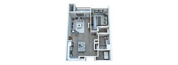 A top-down view of a modern apartment layout with a kitchen, living room, and bedrooms.