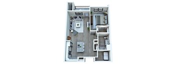 A top-down view of a modern apartment layout with a kitchen, living room, and bedrooms.
