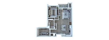 A 3D floor plan of a small apartment with a kitchen, living room, and bathroom.