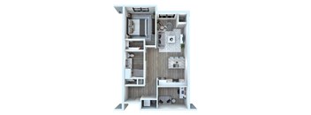 A 3D floor plan of a small apartment with a kitchen, living room, and bedroom.