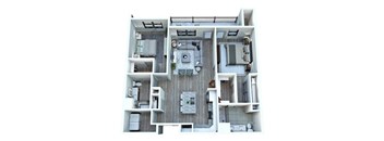 A top view of a modern house interior with a kitchen, living room, and bathroom.