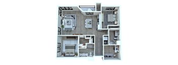 A top-down view of a modern apartment layout with a kitchen, living room, and bedrooms.