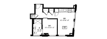 A floor plan of a room with dimensions and labeled areas.