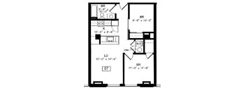 A black and white image of a floor plan with labeled rooms and measurements.
