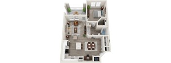 A 3D floor plan of a house with a living room, kitchen, and dining area.