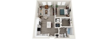 A top-down view of a small apartment with a living room, kitchen, and bathroom.