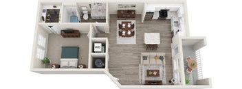 A top-down view of a two-story house with a living room, kitchen, and bedrooms.