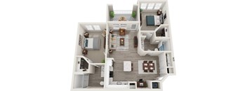 A 3D floor plan of a house with a living room, kitchen, dining room, and two bedrooms.