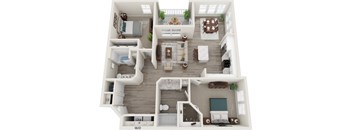 A 3D floor plan of a house with labeled rooms.