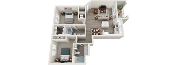 A 3D floor plan of a house with a living room, kitchen, and two bedrooms.