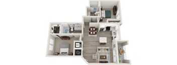 A 3D rendered image of a house layout.