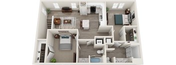 A top-down view of a well-organized apartment layout with a living room, kitchen, and bathroom.