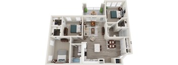 A 3D floor plan of a house with multiple rooms and furniture.
