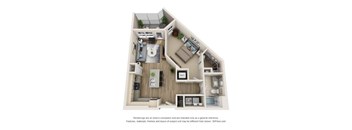 A 3D floor plan of a house with a kitchen, living room, and two bedrooms.