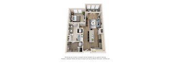 A 3D floor plan of a small apartment with a kitchen, living room, and bathroom.