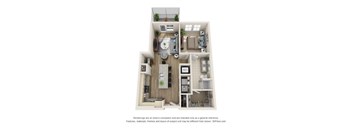 A 3D floor plan of a small apartment with a kitchen, living room, and bathroom.
