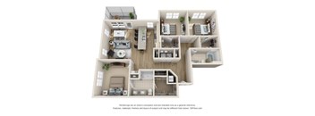 A 3D floor plan of a house with multiple rooms and furniture.