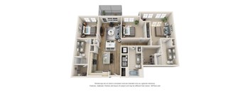 A 3D floor plan of a house with a kitchen, living room, and bathrooms.