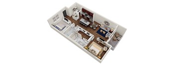 A 3D rendered image of a small apartment layout.