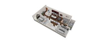 A 3D floor plan of a house with a living room, kitchen, and dining area.