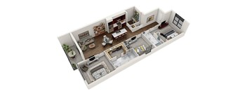 A 3D floor plan of a house with multiple rooms and furniture.