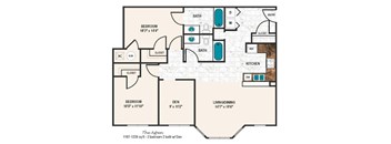 A floor plan of a home layout with two bedrooms, a den, a living/dining area, a kitchen, and two bathrooms.