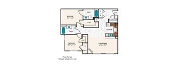 A floor plan of a two bedroom, two bathroom apartment.