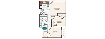 A floor plan of a home with a living room, two bedrooms, a pantry, a kitchen, and a bath.