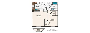 A floor plan of a one bedroom apartment with a living/dining area of 12'6