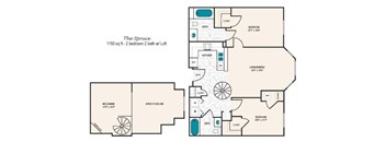 A floor plan of a 1150 sq ft 2 bedroom 2 bath loft apartment.