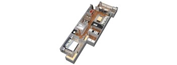 A 3D floor plan of a house with a kitchen, living room, and bathroom.