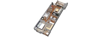 A 3D floor plan of a house with a kitchen, living room, and two bedrooms.
