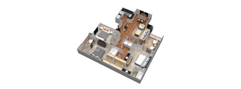 A 3D floor plan of a multi-level home with various rooms and furniture.