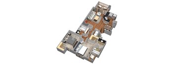 A 3D floor plan of a house with multiple rooms.