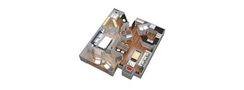A 3D floor plan of a house with multiple rooms and furniture.