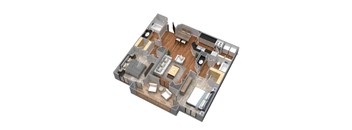 A 3D floor plan of a house with multiple rooms and furniture.