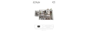 A 673 square foot studio apartment with one bath.