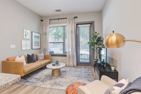 A living room with a sofa, a coffee table, a lamp, and a plant.