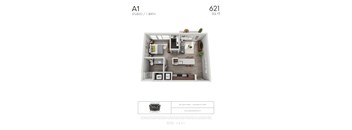 A1 - Studio floorplan layout with 1 bathroom and 621 square feet 