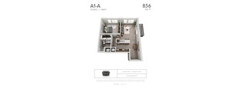 A 3D floor plan of a studio apartment with 1 bathroom.