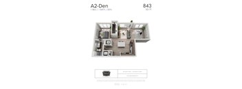 A2-Den - 1 bedroom floorplan layout with 1 bathroom and 843 square feet