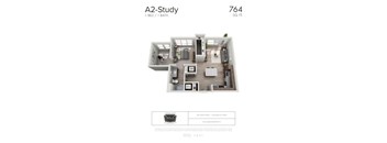 A2-Study - 1 bedroom floorplan layout with 1 bathroom and 764 square feet