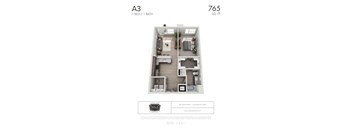 A3 - 1 bedroom floorplan layout with 1 bathroom and 765 square feet